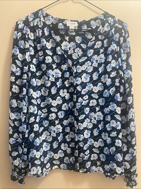 J. Crew Navy Floral V-Neck Long Sleeve Top